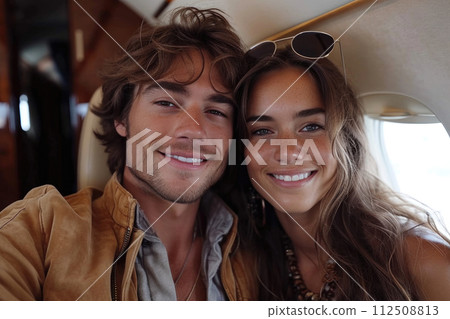 Young couple in an aircraft flying for holidays Young couple in an aircraft flying for holidays 112508813