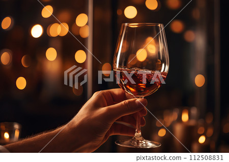 Male hand with glass of wine at the restaurante or party 112508831
