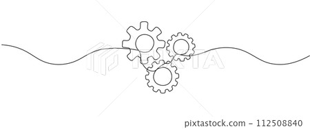 Moving gears one continuous editable line. Circular dynamic wheels , template for business collaboration concept. Single line vector illustration of gear wheels gears 112508840