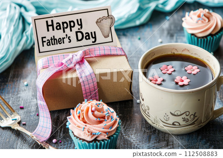 happy fathers days breakfast with coffee and cupcake on wooden table. Ai generative 112508883