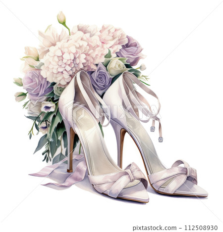 Watercolor bridal shoes and roses on whtie background Watercolor bridal shoes and roses on whtie background 112508930