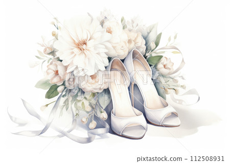 Watercolor bridal shoes and roses on whtie background Watercolor bridal shoes and roses on whtie background 112508931