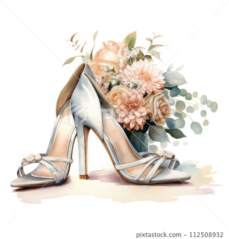 Watercolor bridal shoes and roses on whtie background Watercolor bridal shoes and roses on whtie background 112508932