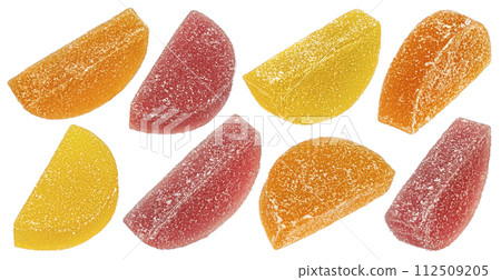 Orange and lemon marmalade candies, citrus jelly sweets isolated on white background with clipping path 112509205