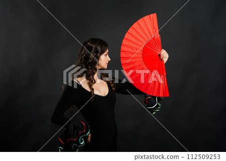 Portrait of beautiful young woman dancing flamenco in studio Portrait of beautiful young woman dancing flamenco in studio 112509253