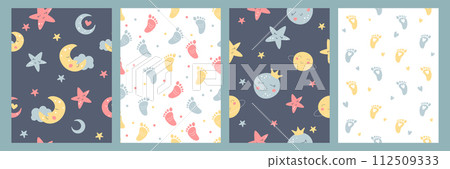 Bohemian baby seamless pattern with cute planets, stars, moon and footprints Bohemian baby seamless pattern with cute planets, stars, moon and footprints 112509333
