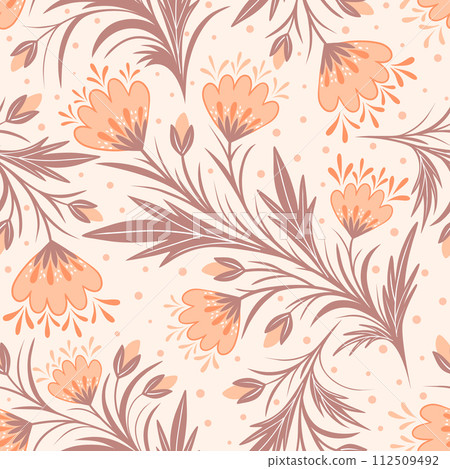 Seamless pattern with light orange flowers  112509492
