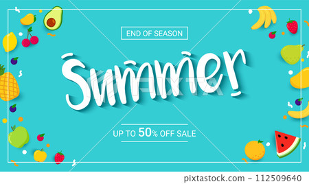 Horizontal summer sale banner with bright fruit on blue background. Horizontal summer sale banner with bright fruit on blue background. 112509640