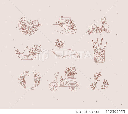 Floral hand-drawn elements brown Floral hand-drawn elements brown 112509655