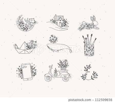 Floral hand-drawn elements black Floral hand-drawn elements black 112509656