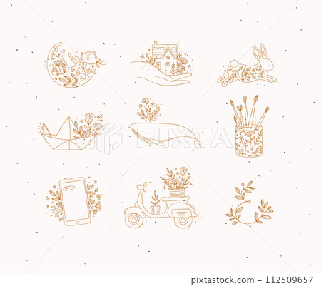 Floral hand-drawn elements beige Floral hand-drawn elements beige 112509657