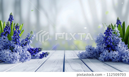 Spring summer soft background with flowers and wooden table for product presentation Spring summer soft background with flowers and wooden table for product presentation 112509703