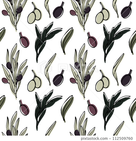 Vector seamless pattern with olive tree branch, leaves and olives fruit. Hand painted outline floral illustration with color background for kitchen fabric design, packaging, wallpapers, print Vector seamless pattern with olive tree branch, leaves and olives fruit. Hand painted outline floral illustration with color background for kitchen fabric design, packaging, wallpapers, print 112509760
