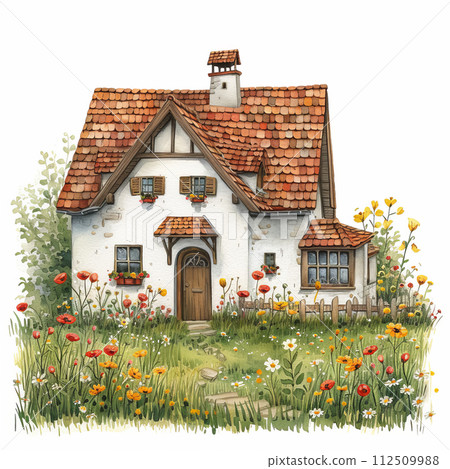 Watercolor cute house on white background 112509988