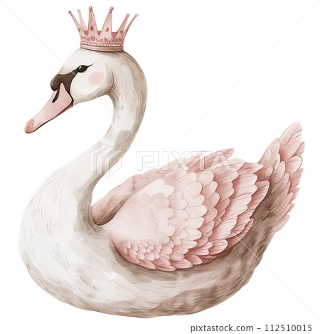 Cute watercolor swan in a crown on white background 112510015