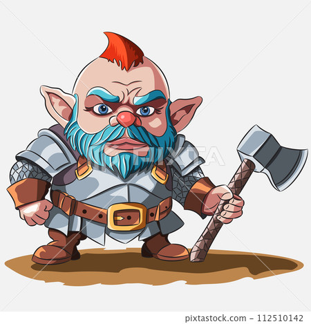 Fairytale bearded gnome with a blue beard in armor and with an ax isolated on a white background. Fairytale bearded gnome with a blue beard in armor and with an ax isolated on a white background. 112510142