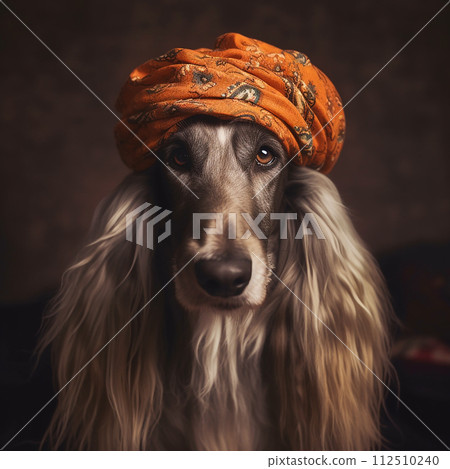 Afghan hound in a national scarf, turban, funny cute pet, close-up portrait 112510240