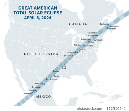 Great American Total Solar Eclipse, on April 8, 2024, political map. Major cities in the path of totality, visible across North America, passing over Mexico, the United States, and Canada. Vector. 112510241