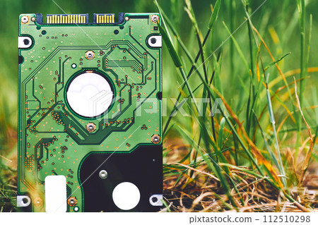 Green Internal hard drive for storing information on green grass Green Internal hard drive for storing information on green grass 112510298