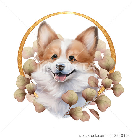 Funny corgi dog with autumn leaves. Floral animal illustration 112510304