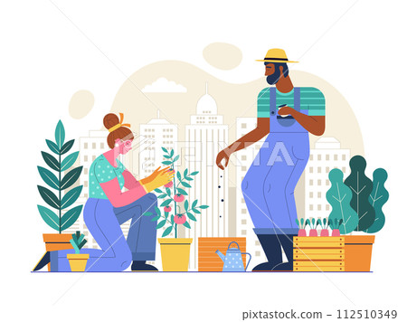 Urban Garden Scene with Couple Planting Seeds 112510349