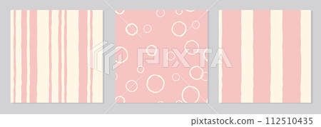 Set of three seamless colorful striped patterns. Gentle trendy abstract illustrations. Hand drawn geometric lines seamless patterns with stripe lines and dots in retro style. Set of three seamless colorful striped patterns. Gentle trendy abstract illustrations. Hand drawn geometric lines seamless patterns with stripe lines and dots in retro style. 112510435