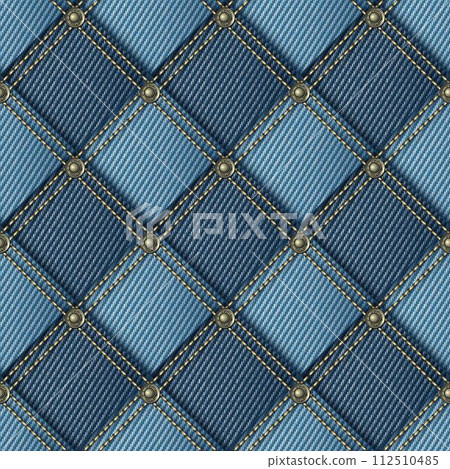 Seamless blue denim pattern with fabric patches, double stitching, rivets. Detailed checkered background. 112510485