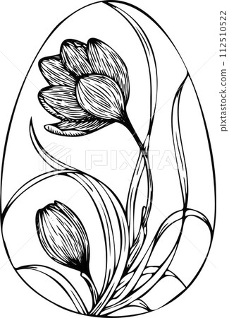 Easter egg with a picture of spring crocus flowers. Easter symbol in botanical graphic style. For banner, flyer, brochure. Object for holidays, cards, websites 112510522