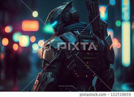 A robotic soldier against the backdrop of the city of the future 112510659