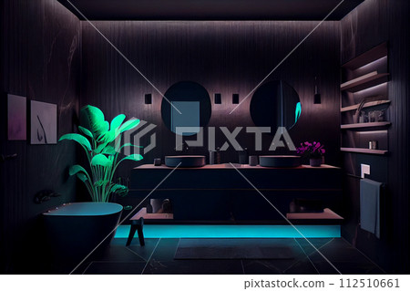 Dark bathroom interior, concrete floor, black walls, door, mirror, sink and cupboard. The concept of hygiene and spa treatments. 3d rendering 112510661