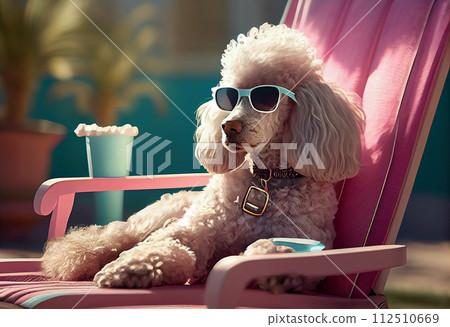 Funny poodle dog wearing sunglasses by the pool Funny poodle dog wearing sunglasses by the pool 112510669