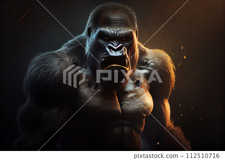 A closeup shot of a brown gorilla with angry scary expression 112510716