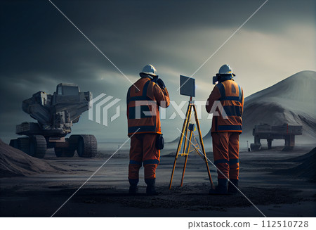 Two surveyors surveying land for factory constructi 112510728