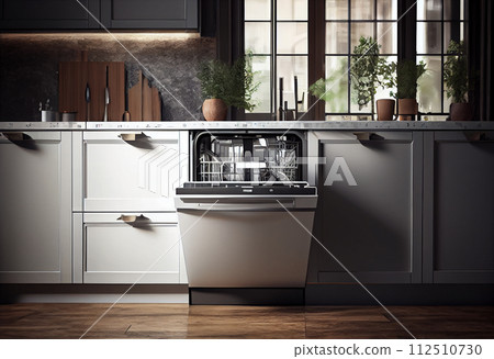 Open empty dishwasher in a modern kitchen. Integrated dishwasher with drawers. Open empty dishwasher in a modern kitchen. Integrated dishwasher with drawers. 112510730