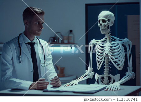 Young male doctor and skeleton patient at the hospi Young male doctor and skeleton patient at the hospi 112510741