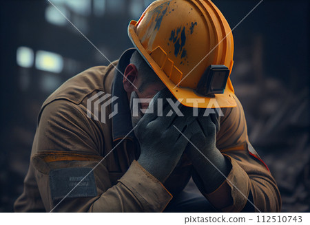 A working engineer in a protective uniform sits mournfully, covering his face with his hands. The concept of trade unions and employment A working engineer in a protective uniform sits mournfully, covering his face with his hands. The concept of trade unions and employment 112510743