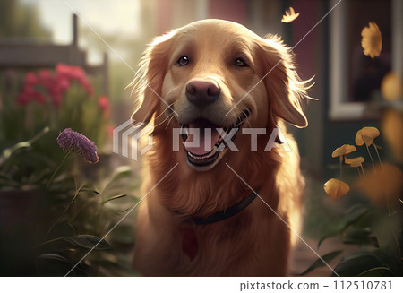 Happy young golden dog playing in home garden Happy young golden dog playing in home garden 112510781