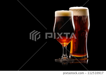 Set of Beer glasses on a black background. Mugs with drink like Ipa, Pale Ale, Pilsner, Porter or Stout Set of Beer glasses on a black background. Mugs with drink like Ipa, Pale Ale, Pilsner, Porter or Stout 112510917