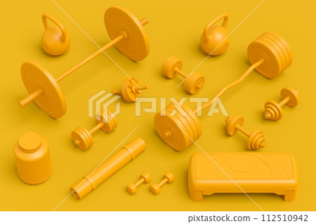 Isometric view of sport equipment like kettlebell, fitness ball and yoga mat 112510942