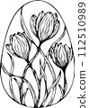 Easter egg with a picture of spring crocus flowers. Easter symbol in botanical graphic style. For banner, flyer, brochure. Object for holidays, cards, websites 112510989