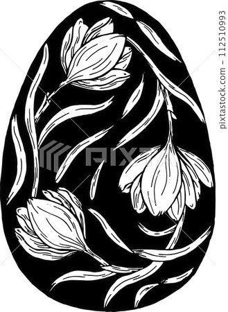 Easter egg with a picture of spring crocus flowers. Easter symbol in botanical graphic style. For banner, flyer, brochure. Object for holidays, cards, websites 112510993