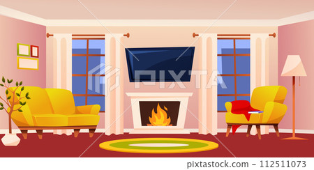 Living room interior with sofa, tv set. Vector illustrations of living room interior with different furniture items 112511073