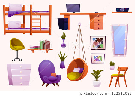 Teenager bedroom interior furniture and equipment for kid. Vector cartoon set of kid or teenager room interior with table, chair, wardrobe and nightstand 112511085