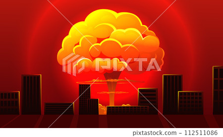 Atomic bomb in city. Symbol of nuclear war. Nuclear explosion. Huge mushroom cloud 112511086