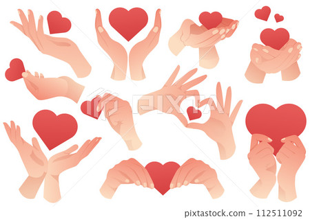 Set of cartoon hands with hearts. Fingers hold heart. Human hands holding and giving red hearts. Valentine's Day, Kindness Day, love, support. Love symbols banner. 112511092