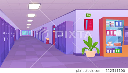 School hallway interior. University corridor interior design with classroom doors, lockers for students, vending machine with snacks. Education concept. 112511100
