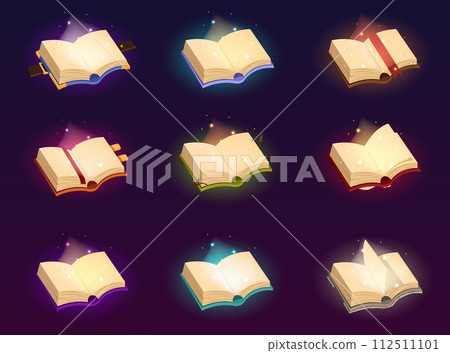 Open magic books of spells. Fantasy alchemy grimoires, open wizard diary with mysterious glow and sparks. Witchcraft game ancient volumes with esoteric recipes Open magic books of spells. Fantasy alchemy grimoires, open wizard diary with mysterious glow and sparks. Witchcraft game ancient volumes with esoteric recipes 112511101