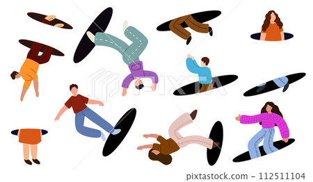People jumping through portals, teleporting. People coming holes. Characters flying, entrance and exit. Search, explore concept. Flat graphic vector illustration EPS10 112511104
