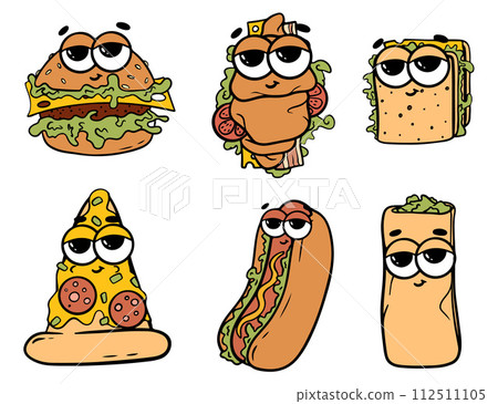 Trendy groovy fast food sticker set. Retro groovy cartoon character. Fast food stickers for restaurant, cafe and delivery. 112511105