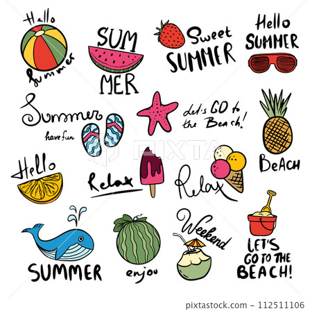 Set of cute summer icons. Summer labels, logos, hand drawn tags and elements for summer. Holiday beach elements. 112511106